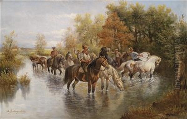 Horsescrossing A River Oil Painting by Adolf Baumgartner