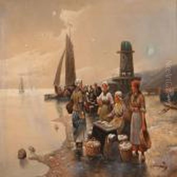 Fishermens' Wifes On A Beach Oil Painting by Adolf Baumgartner