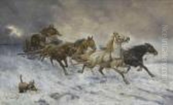 Pferdeschlitten Mit Jager In Winterlanschaft. Oil Painting by Adolf Baumgartner