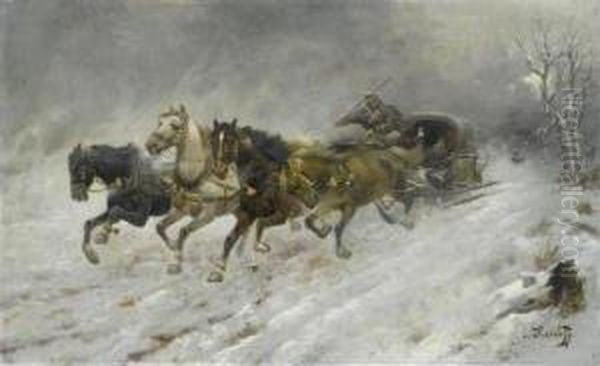 Horses And Sleigh In The Winter. Oil Painting by Adolf Baumgartner