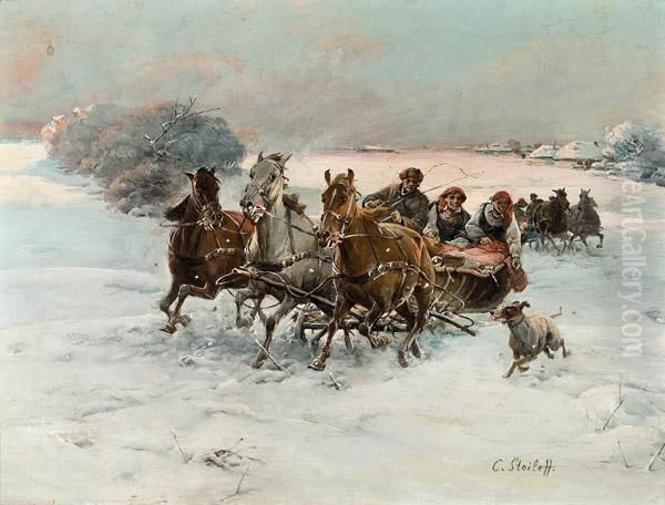 Troika In Winterlandschaft Oil Painting by Adolf Baumgartner