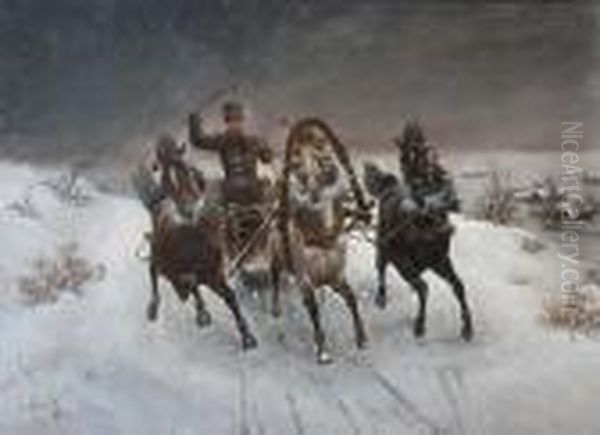 A Troika Sleigh At Speed In The Snow Oil Painting by Adolf Baumgartner