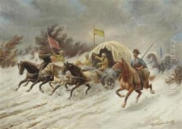 Cossack Riding In Snow Oil Painting by Adolf Baumgartner