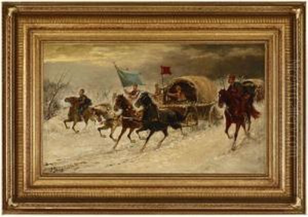 Cossacks Withwagons In The Snow Oil Painting by Adolf Baumgartner