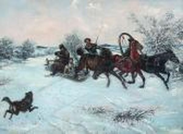 Wolf Hunt Oil Painting by Adolf Baumgartner