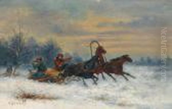 Chased By Wolves Oil Painting by Adolf Baumgartner