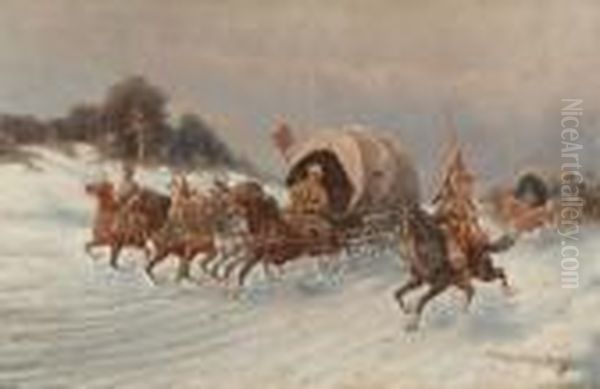 Cossacks In The Snow. Oil Painting by Adolf Baumgartner