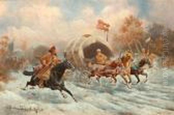 Russischer Goldtransport In Winterlandschaft. Oil Painting by Adolf Baumgartner