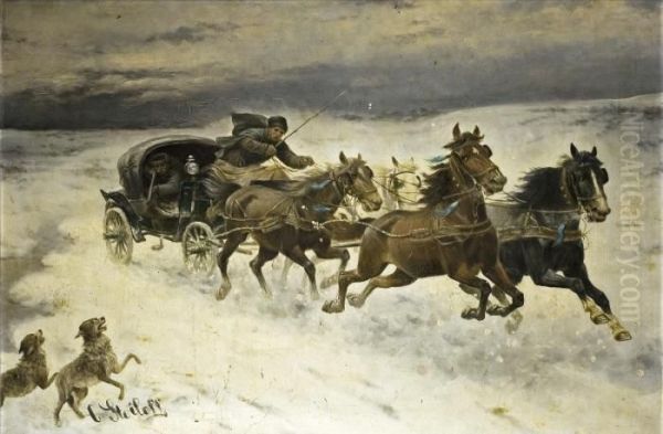 Winterlandschaft Mit Pferdegespann Und Angreifenden Wolfen Oil Painting by Adolf Baumgartner