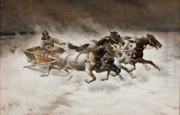 Wolfe Verfolgen Eine Troika Im Winter Oil Painting by Adolf Baumgartner