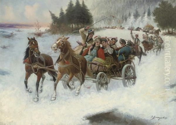 A Happy Sleigh-ride Oil Painting by Adolf Baumgartner