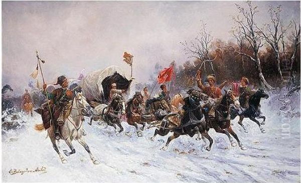 Charging Cossack Convoy Oil Painting by Adolf Baumgartner