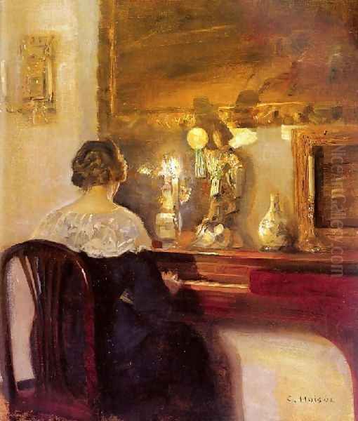 A Lady Playing The Spinet Oil Painting by Carl Wilhelm Holsoe