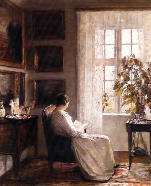 Reading In The Morning Light Oil Painting by Carl Wilhelm Holsoe