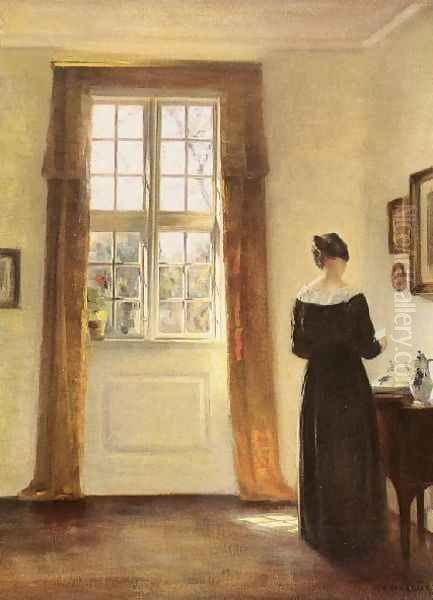 Woman In Interior Oil Painting by Carl Wilhelm Holsoe