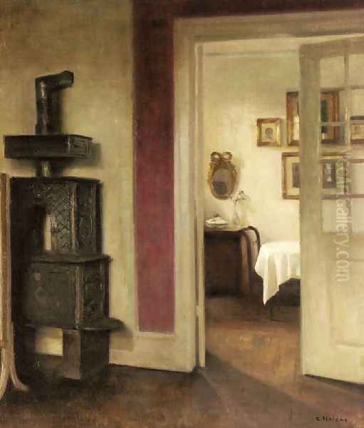 An Interior With A Stove And A View Into A Dining Room Oil Painting by Carl Wilhelm Holsoe