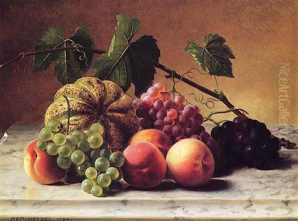 Still Life with Cantaloupe, Grapes and Peaches Oil Painting by George Hetzel