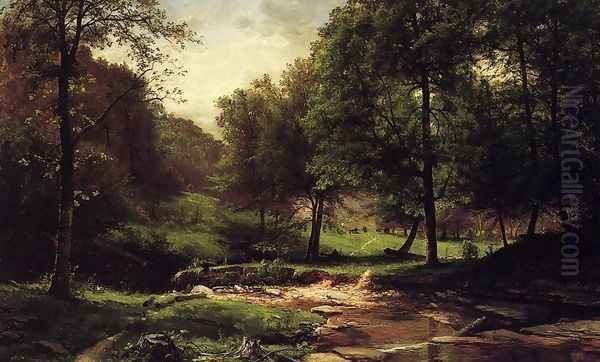 Stream with Field and Grazing Cattle Oil Painting by George Hetzel