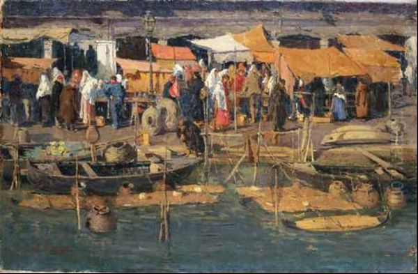 Mercato Del Pesce A Chioggia Oil Painting by Leonardo Bazzaro