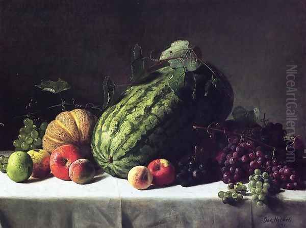 Still Life with Watermelon, Cantaloupe and Grapes Oil Painting by George Hetzel