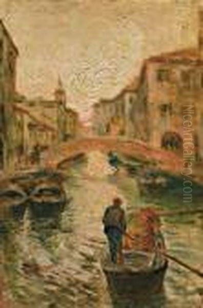 Canale Veneziano Al Tramonto Oil Painting by Leonardo Bazzaro