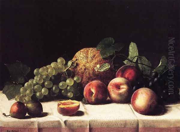 Still Life with Cantaloupe, Peaches and Grapes Oil Painting by George Hetzel