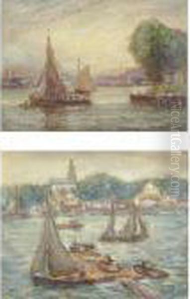 Sailboats In A Harbor: Two Works Oil Painting by Reynolds Beal