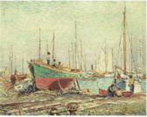 Boats In Drydock Oil Painting by Reynolds Beal