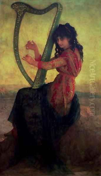 Muse Playing the Harp 2 Oil Painting by Antoine Auguste Ernest Hebert