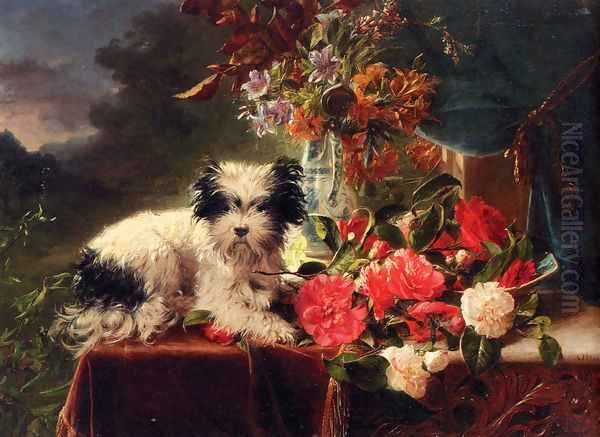 Camellias And A Terrier On A Console Oil Painting by Adriana-Johanna Haanen