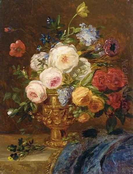 Still Life with Flowers in a Golden Vase Oil Painting by Adriana-Johanna Haanen