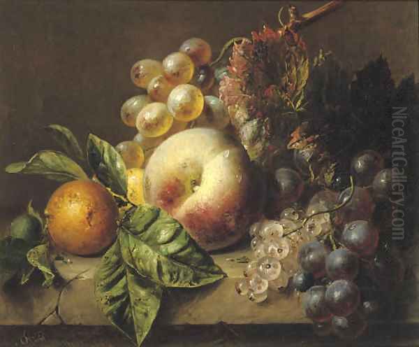 A peach, medlar, grapes and white currants on a ledge Oil Painting by Adriana-Johanna Haanen