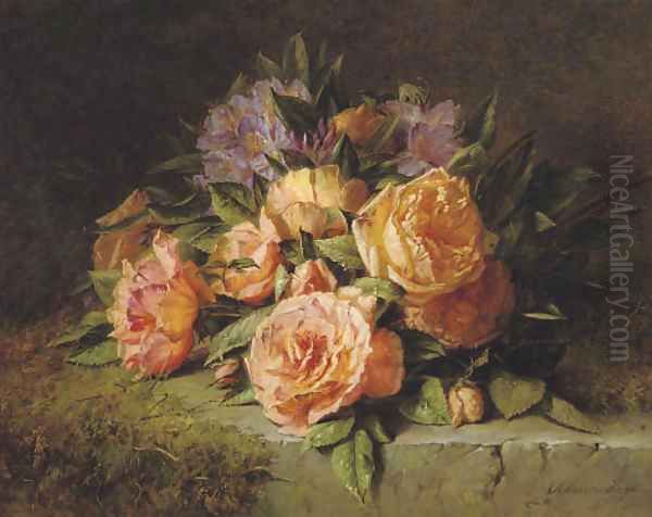 Pink roses and rhododendrons on a marble ledge Oil Painting by Adriana-Johanna Haanen