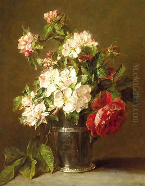 Appleblossom and roses in a silver beaker Oil Painting by Adriana-Johanna Haanen