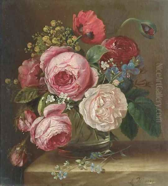 Roses in a glass vase on a ledge Oil Painting by Adriana-Johanna Haanen