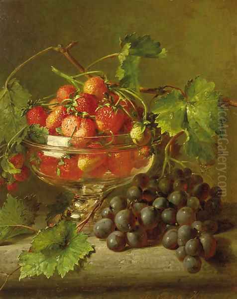 A still life with strawberries and grapes Oil Painting by Adriana-Johanna Haanen