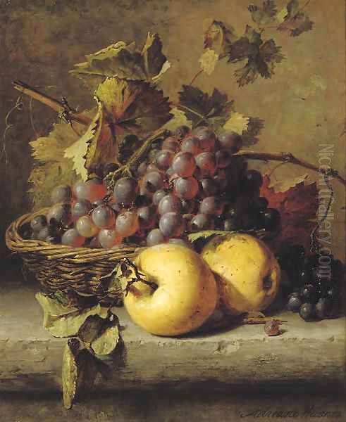 Apples and grapes on a ledge Oil Painting by Adriana-Johanna Haanen