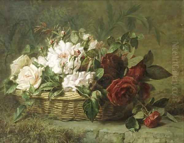 Roses in a basket Oil Painting by Adriana-Johanna Haanen