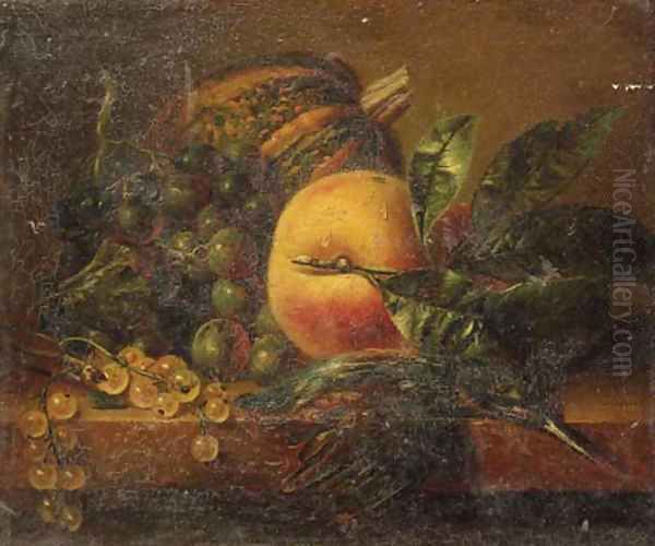 A still life with fruit and a kingfisher on a ledge Oil Painting by Adriana-Johanna Haanen