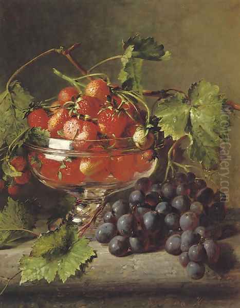 Strawberries in a glass bowl with grapes on a ledge Oil Painting by Adriana-Johanna Haanen