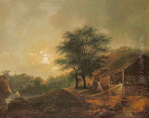 Water-Mill in Moonlight Oil Painting by Jan Jozef Haar