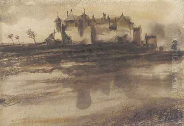 A castle seen across a lake Oil Painting by Victor Hugo