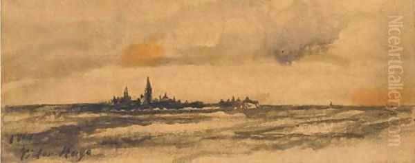 A seascape with a town on an island Oil Painting by Victor Hugo