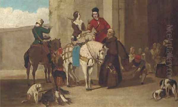 Boar hunters refreshed at St. Augustine's Monastery, Canterbury, a sketch Oil Painting by John Rogers Herbert