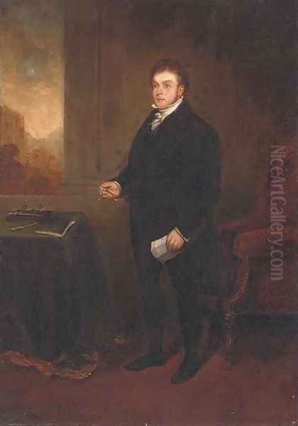 Portrait of Robert Hawkes (1774-1836), small full-length, holding a letter and spectacles, in an interior, a landscape beyond Oil Painting by Benjamin Robert Haydon