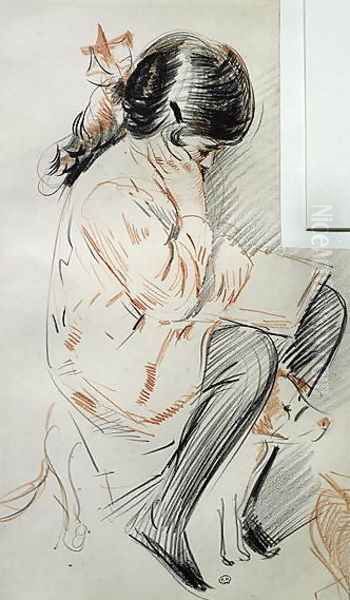 Paulette Reading Sitting on her Toy Dog Oil Painting by Paul Cesar Helleu