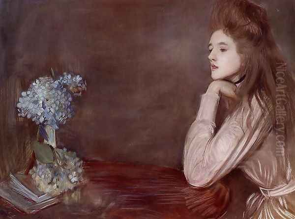 The Lioness with Blue Hydrangeas Oil Painting by Paul Cesar Helleu