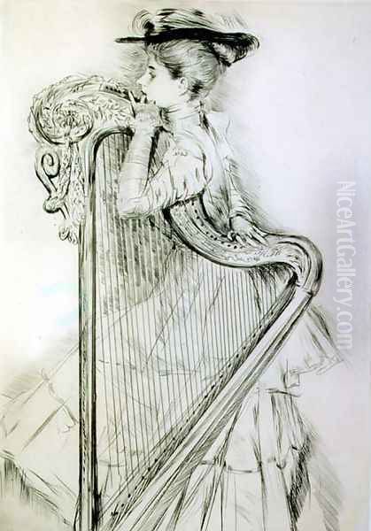 Woman with a harp Oil Painting by Paul Cesar Helleu