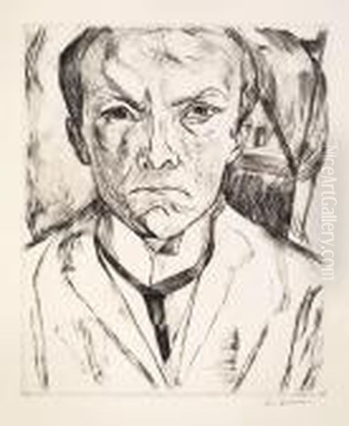 Selbstbildnisvon Vorn, Im Hintergrund Hausgiebel Oil Painting by Max Beckmann