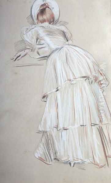 Woman standing leaning from behind Oil Painting by Paul Cesar Helleu